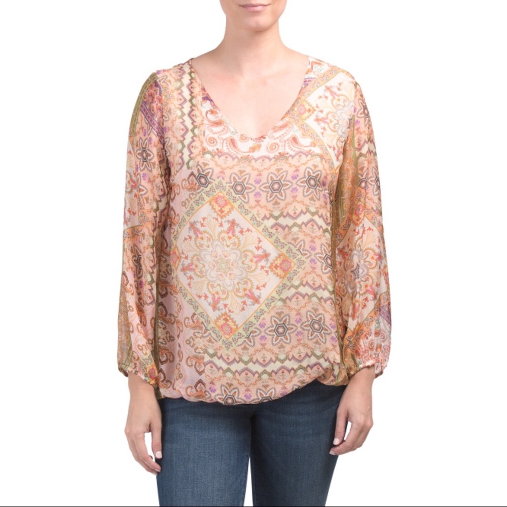 Made In Italy Scarf Print Bubble Hem Blouse